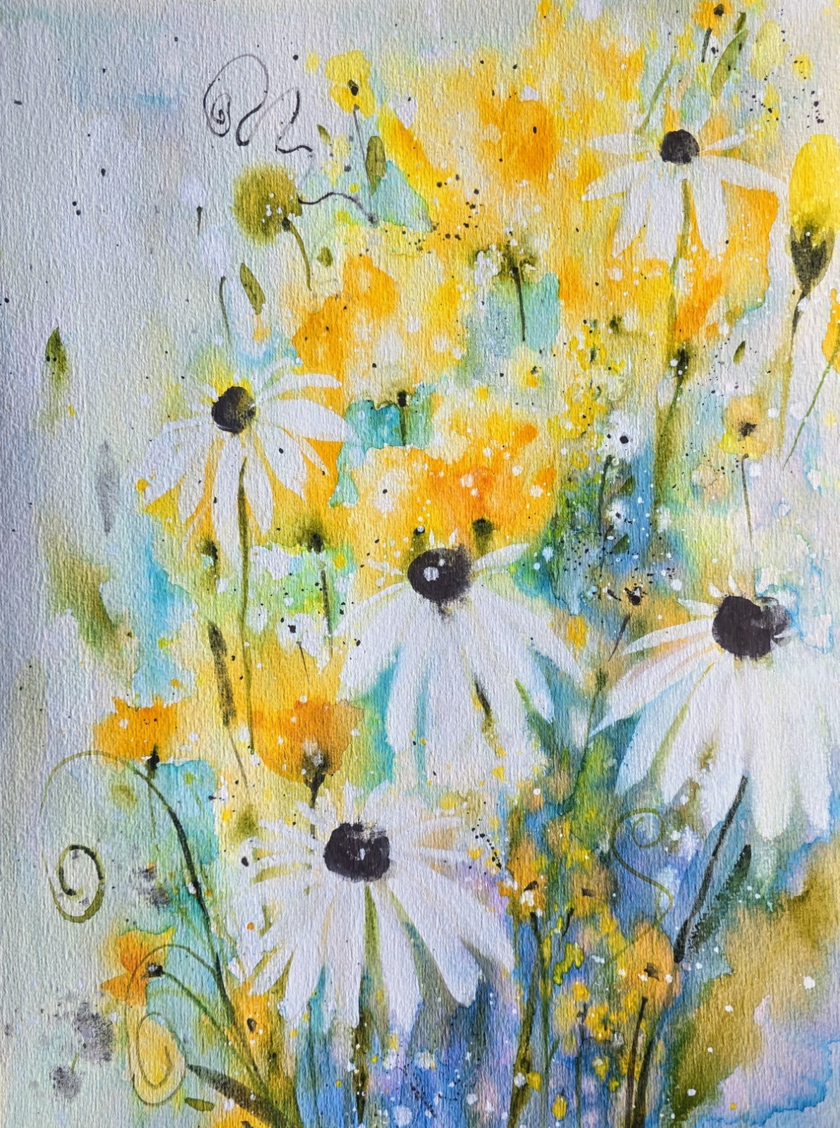 Original Signed Watercolor. Roses. Wall art. Daisies. Gold. Abstract. Modern.