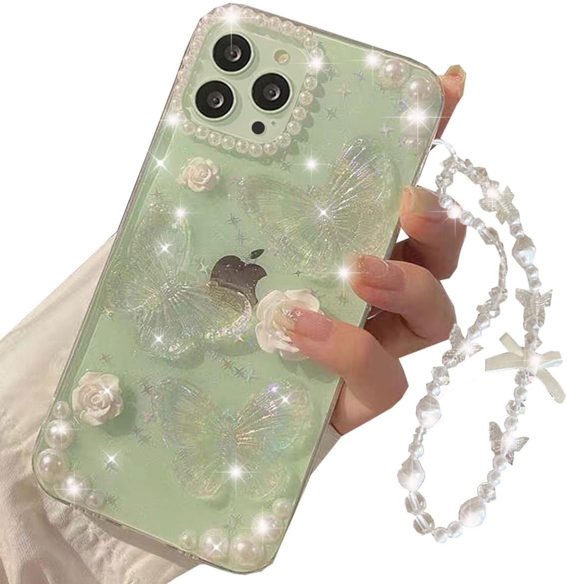 iPhone Pro Max Clear Glitter Case Butterfly Flower Pearl Bling
