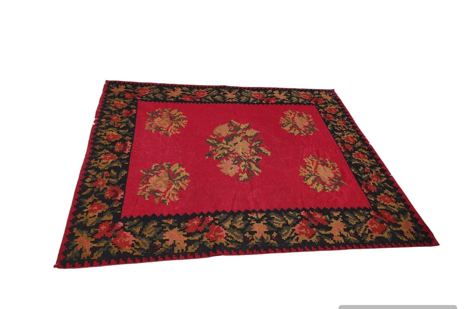 Antique Wool Floral Chintz Rose Kilim Rug Handmade Rug, Flat Weave 