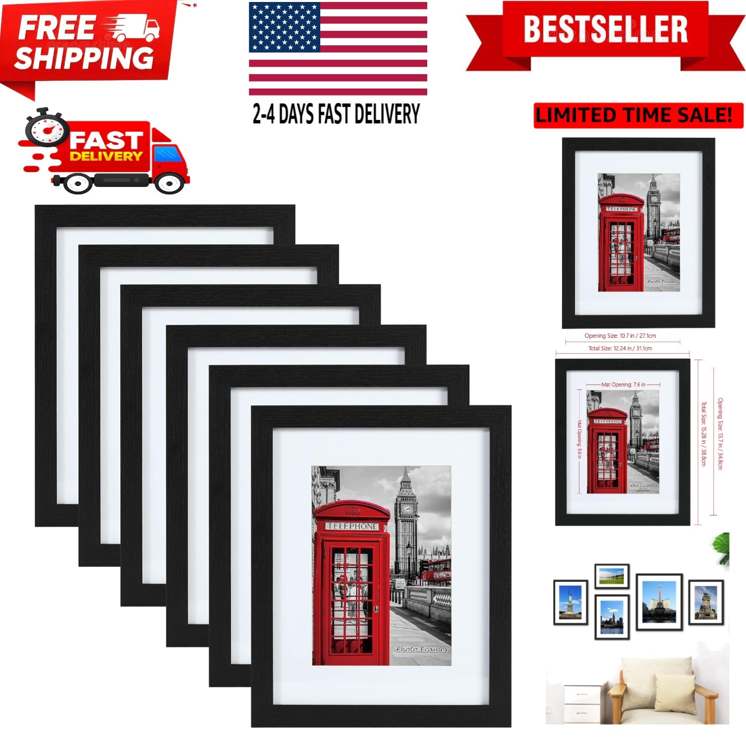 11x14 Picture Frame Set of 6, Display Pictures 8x10 with Mat or 11x14 without...