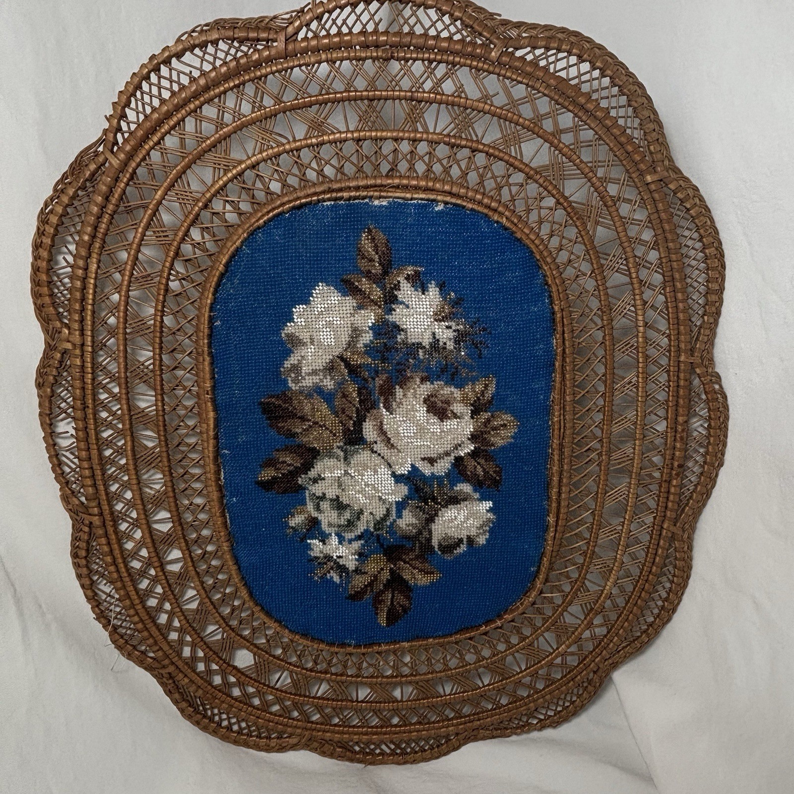 Antique Victorian Beaded Needle Point And Rattan Oval Tea Mat 16”x 13”