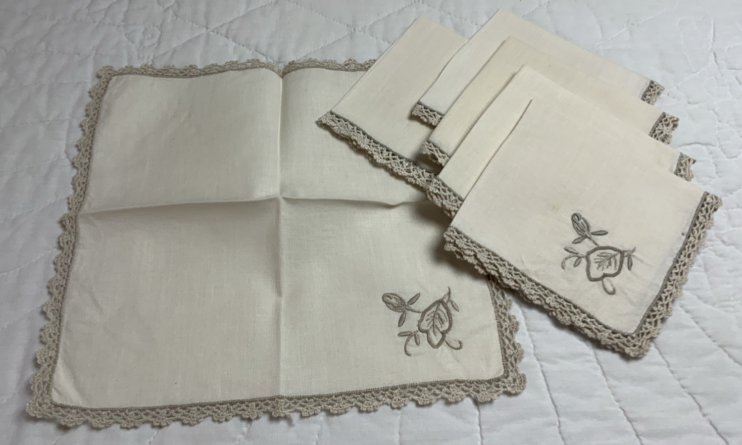 Six Vintage Cocktail Napkins, Cotton, Off White & Beige, Flower Embroidery, Lace