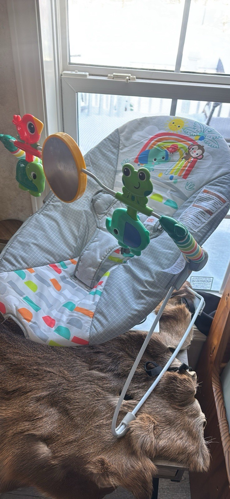 Bright Starts Baby Bouncer with Toy Bar, Portable, Gray Multicolor, Infant