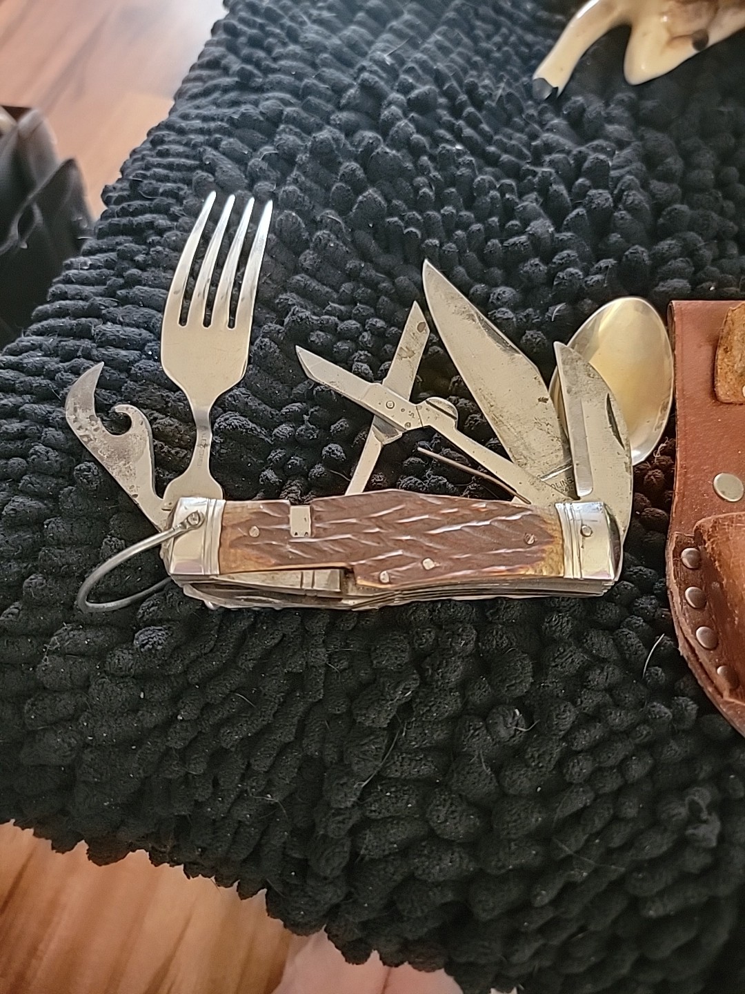 Vintage Multi-Tool Hi-Test Camping Knife Antler Handle w/ Leather Case Japan