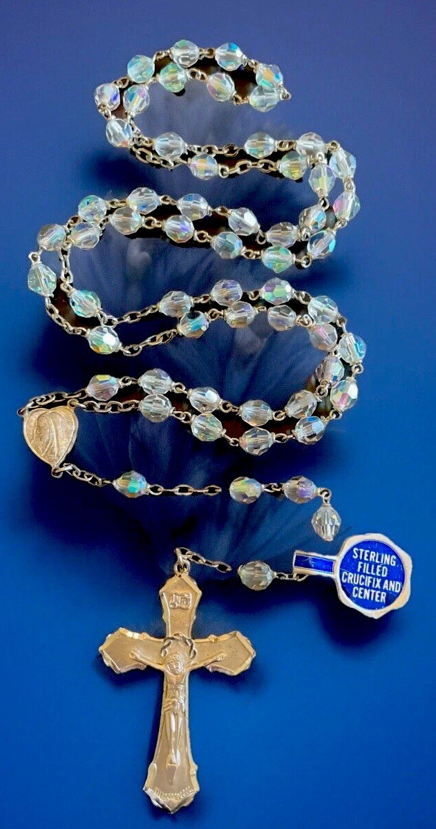 Vintage Catholic Sterling Filled & Rhodium Finish AB Iridescent Crystal Rosary