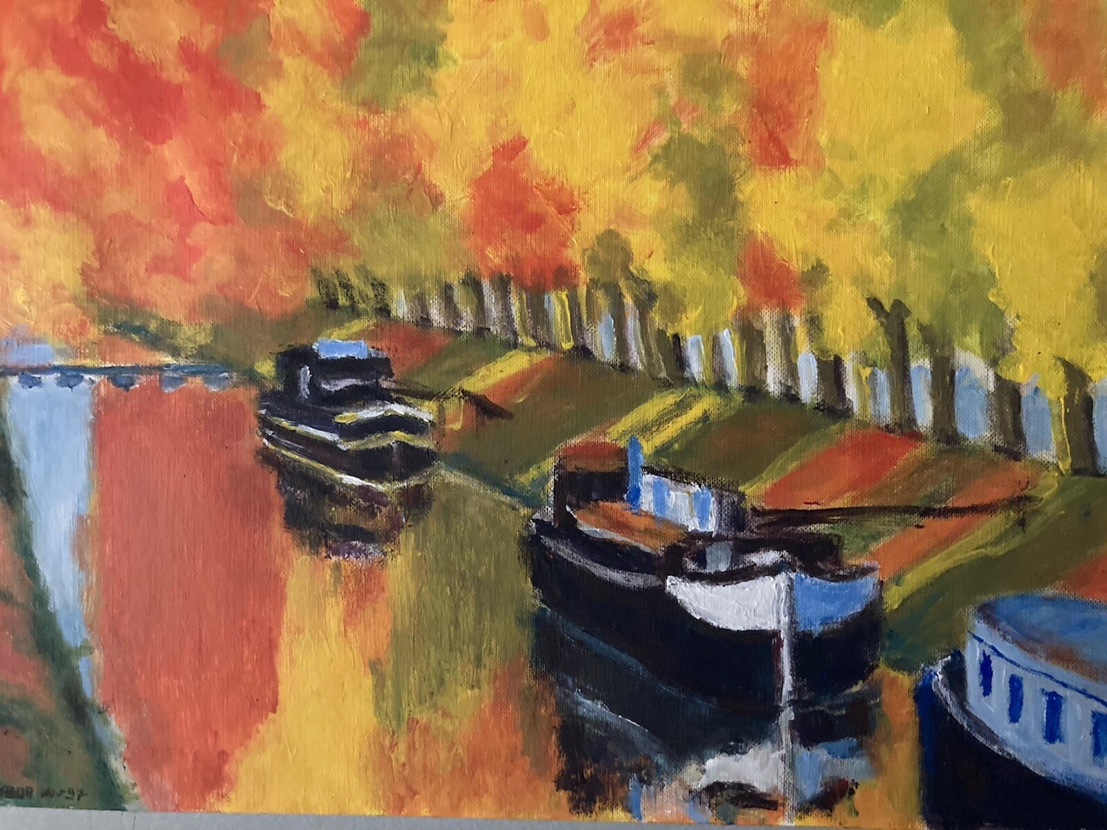 Très Belle Peinture Gouache Sur Papier Fauve Fauvisme 1997 Canal Du Midi Péniche
