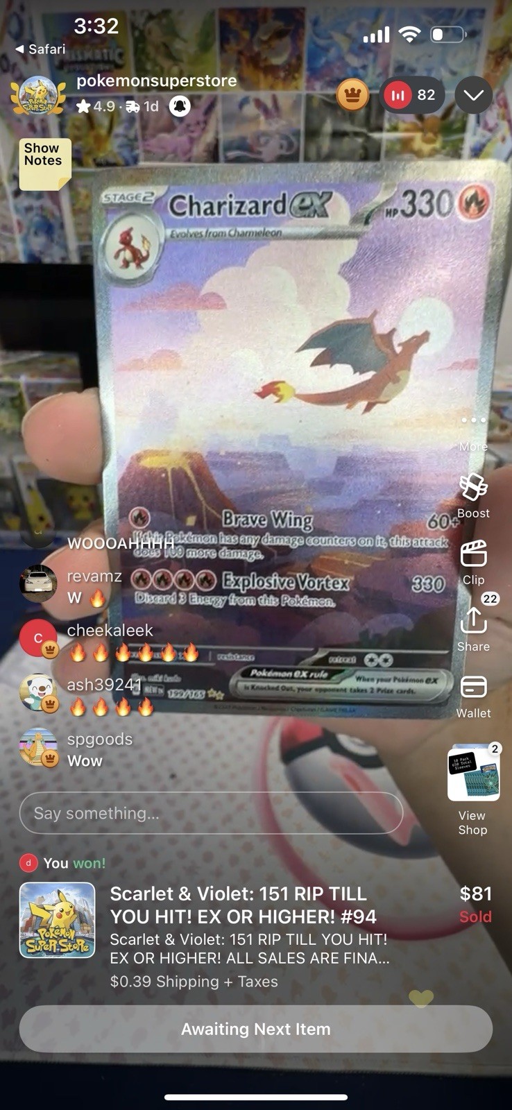 Pokemon TCG Charizard EX 199/165 Scarlet & Violet 151 Card Sir LP/MP