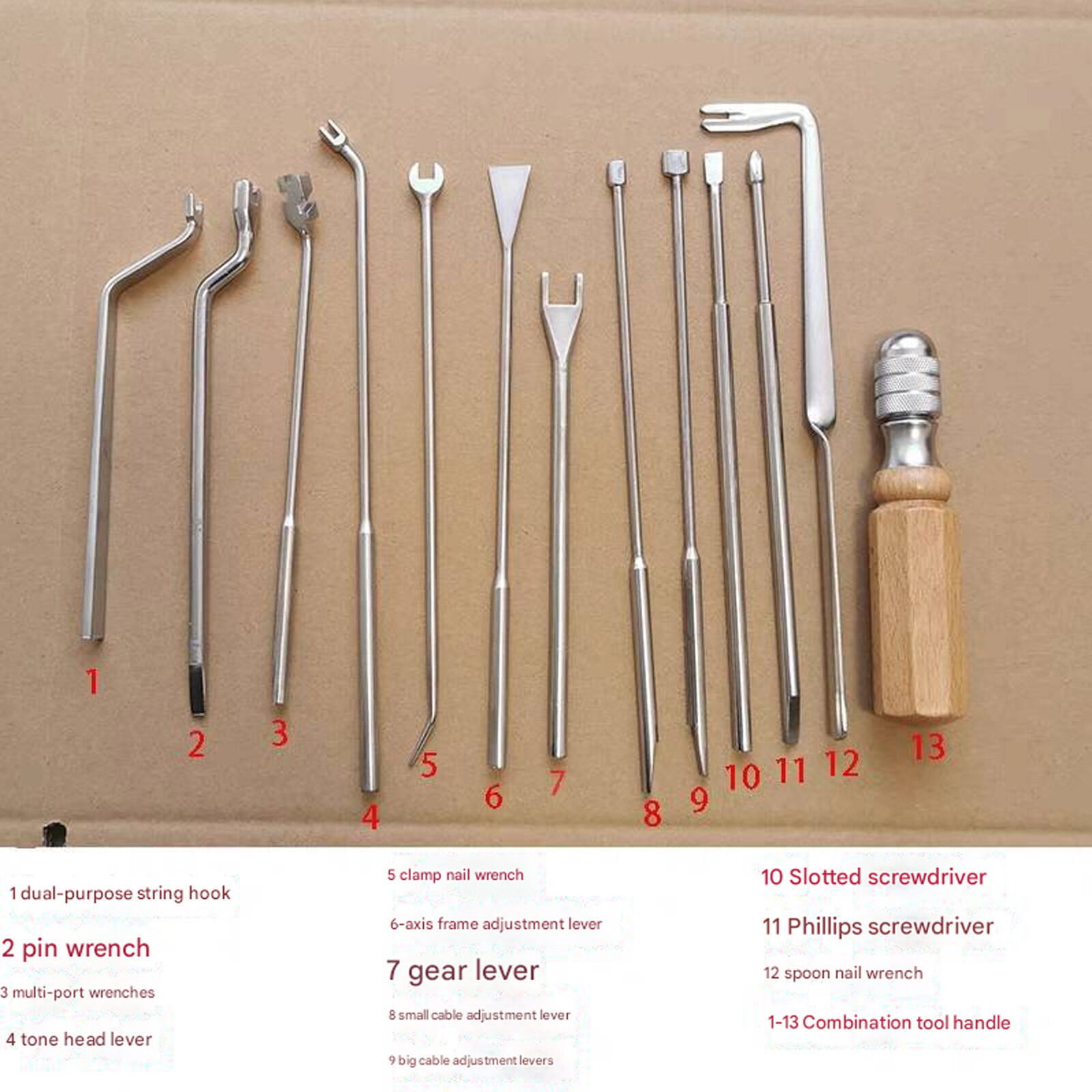 Lot of 13 Piano Tuning & Repair Tools w/Wood Handle - For Grand Piano