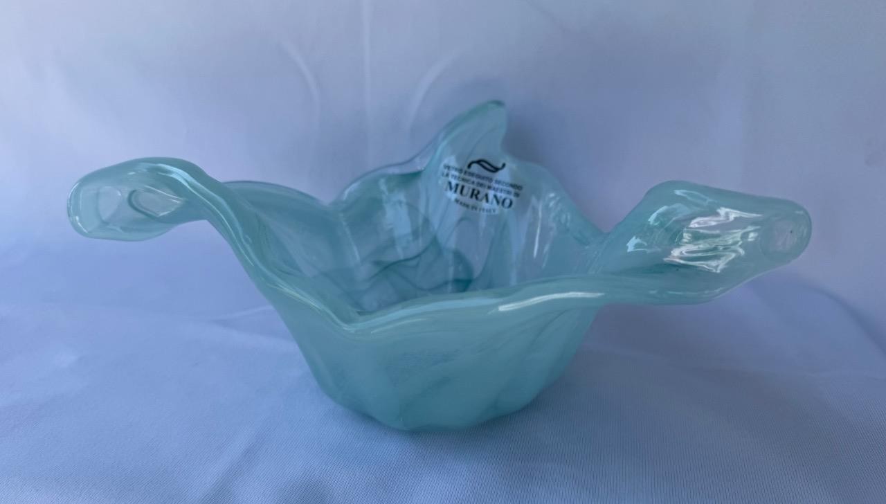 Genuine Italian Art Deco Glass Oval Bowl Light Blue Tammaro Italy Murano 597