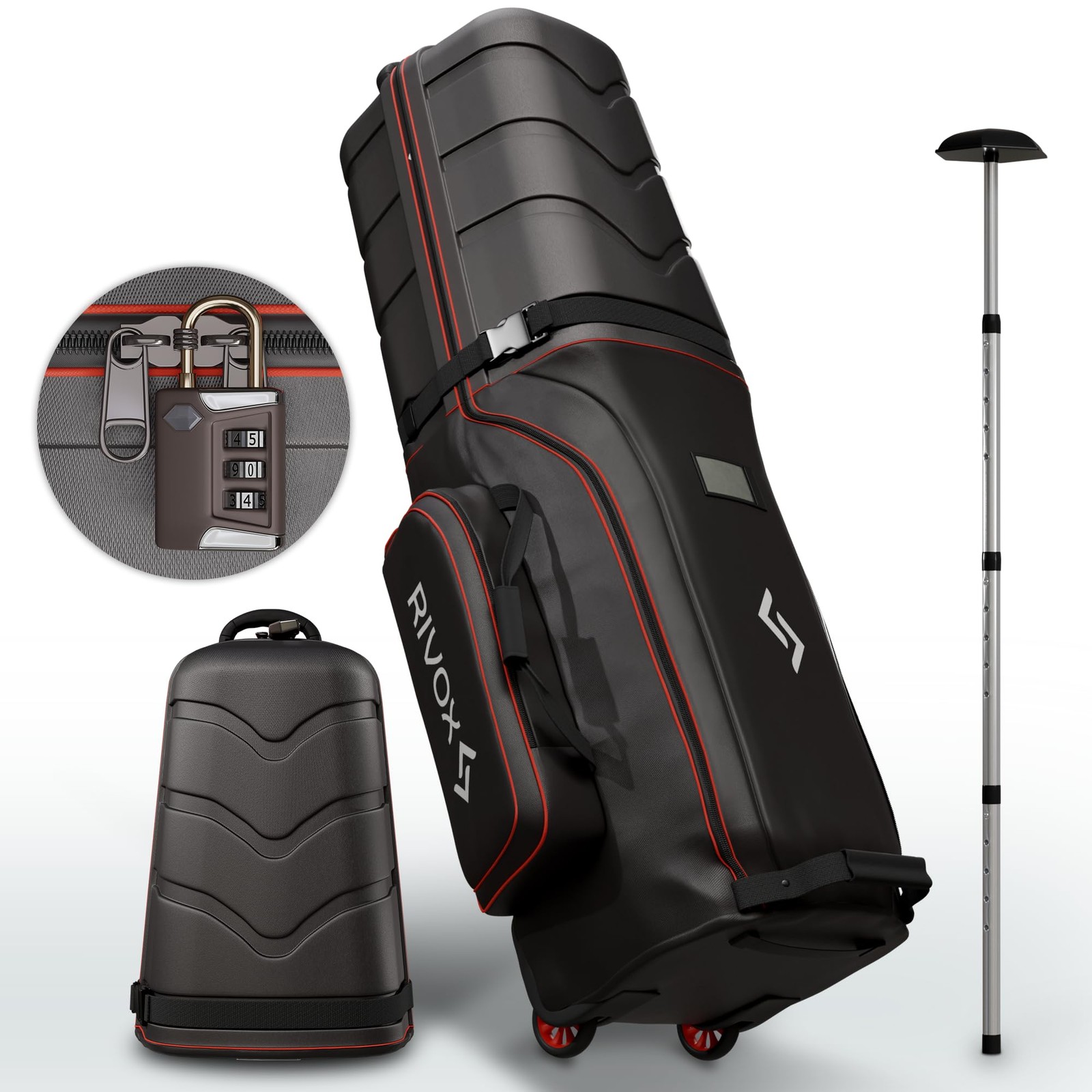 RIVOX Hard Top Golf Travel Bag for Airlines – Large, Black with Red Trim 