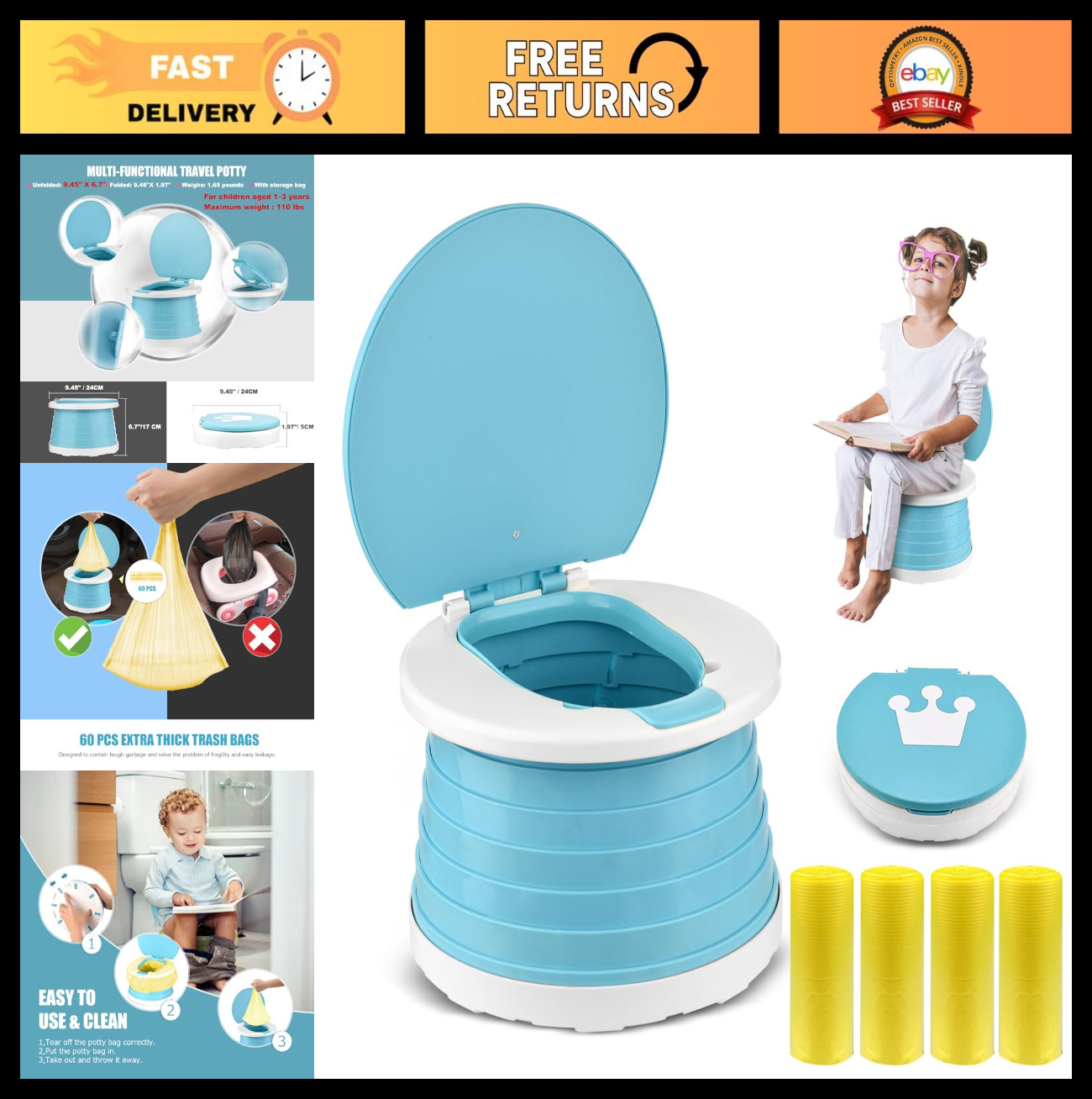 Portable Toddler Travel Potty Seat - Foldable Toilet Chair for Kids, On-the-Go U