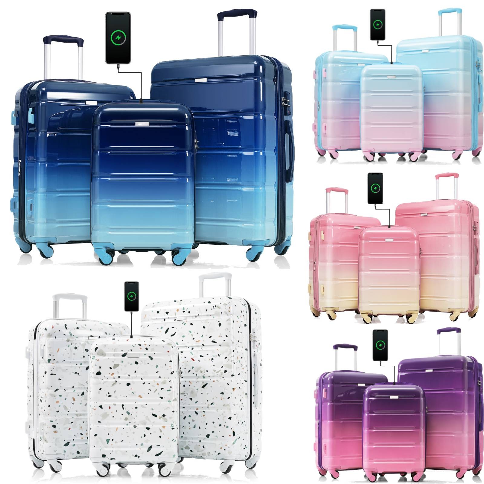 3 Piece Hard Shell Luggage Set with USB Port Spinner Luggage Travel Suitcase New
