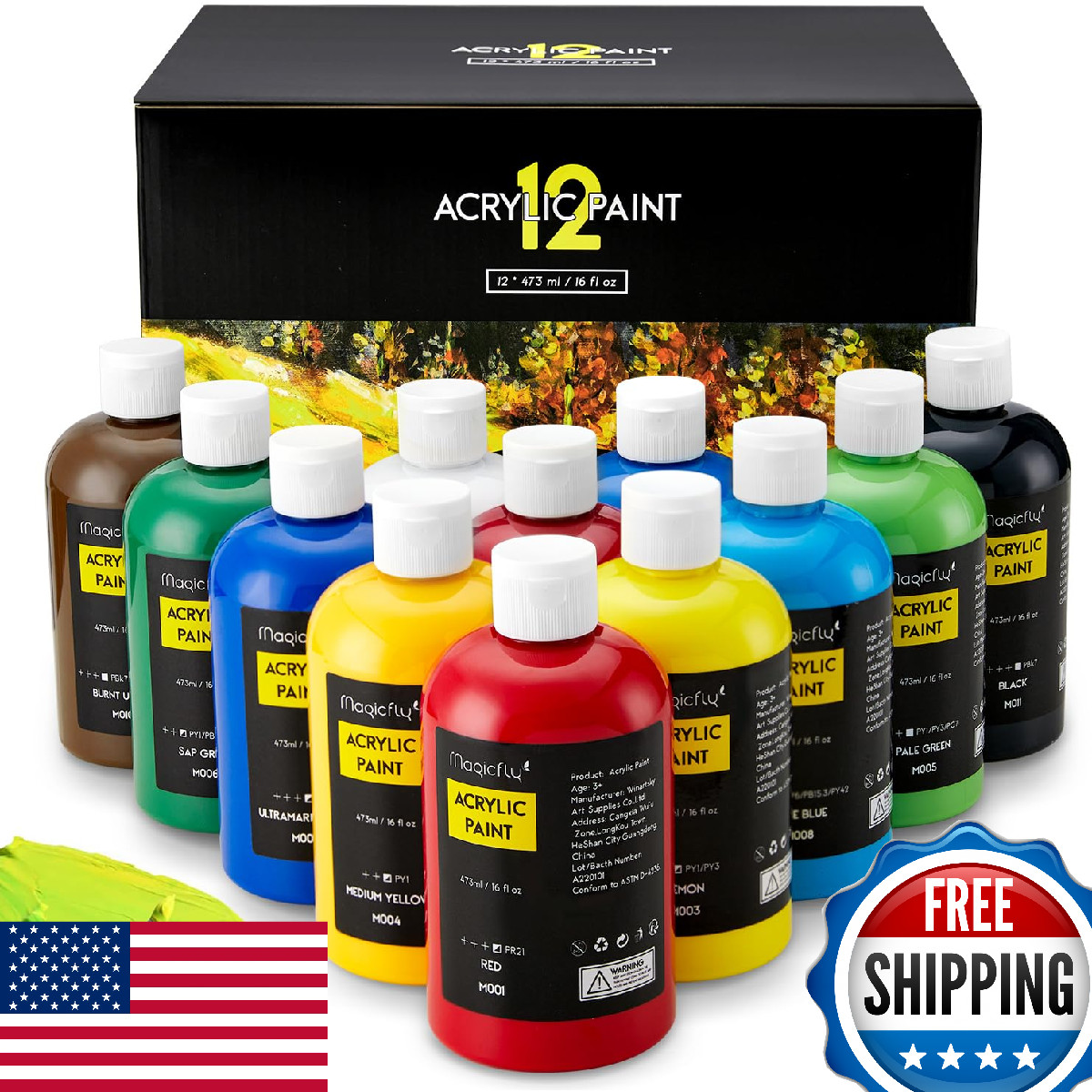 Magicfly Acrylic Paint 12 Colours/473ml, Large Bottles Acrylic Paint Set Rich Pi
