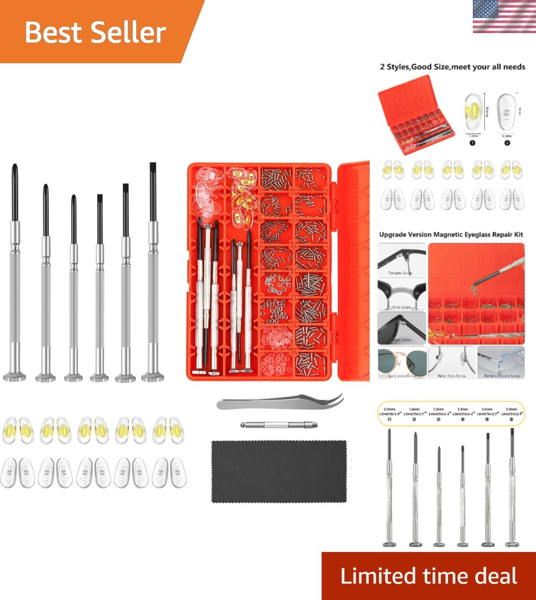 Multi-Functional Eyeglass Repair Kit with Tweezers & Cleaning Cloth - 10 Items