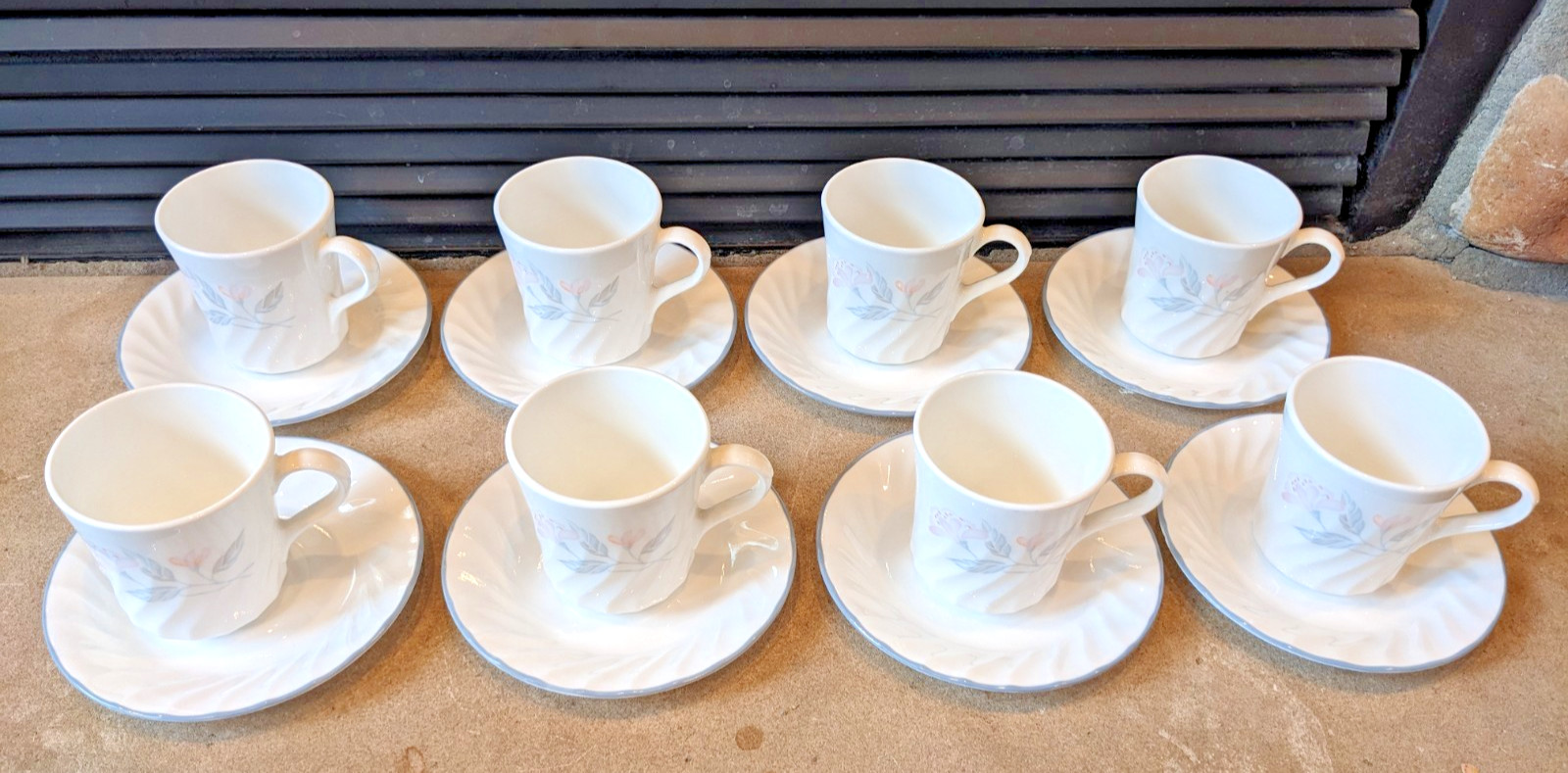 Corelle PINK TRIO 8 Sets Cups & Saucers Swirl Rim Pink Flowers Gray Leaves Trim