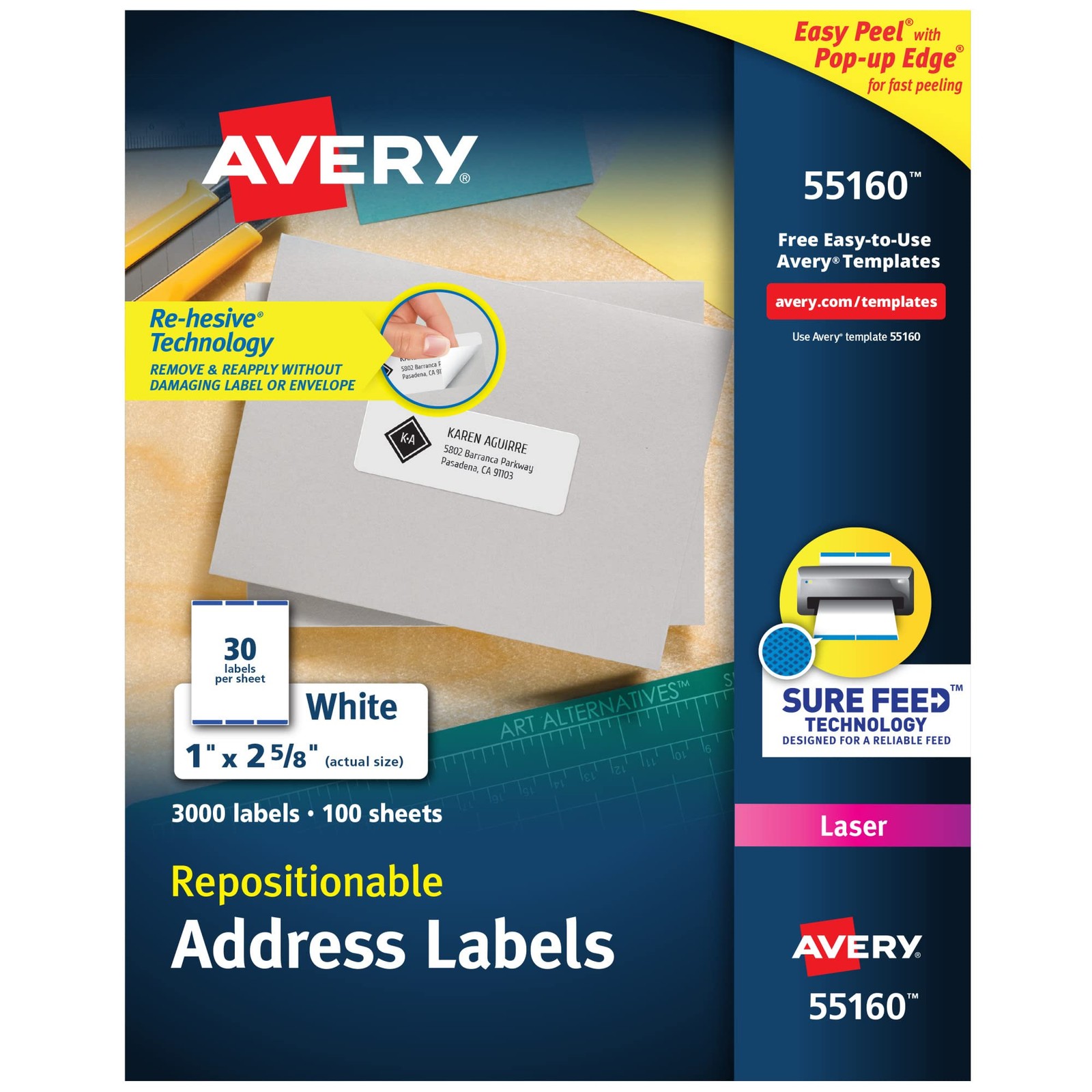 Avery Repositionable Address Labels 1"x 2-5/8" White 3000 Sure Feed