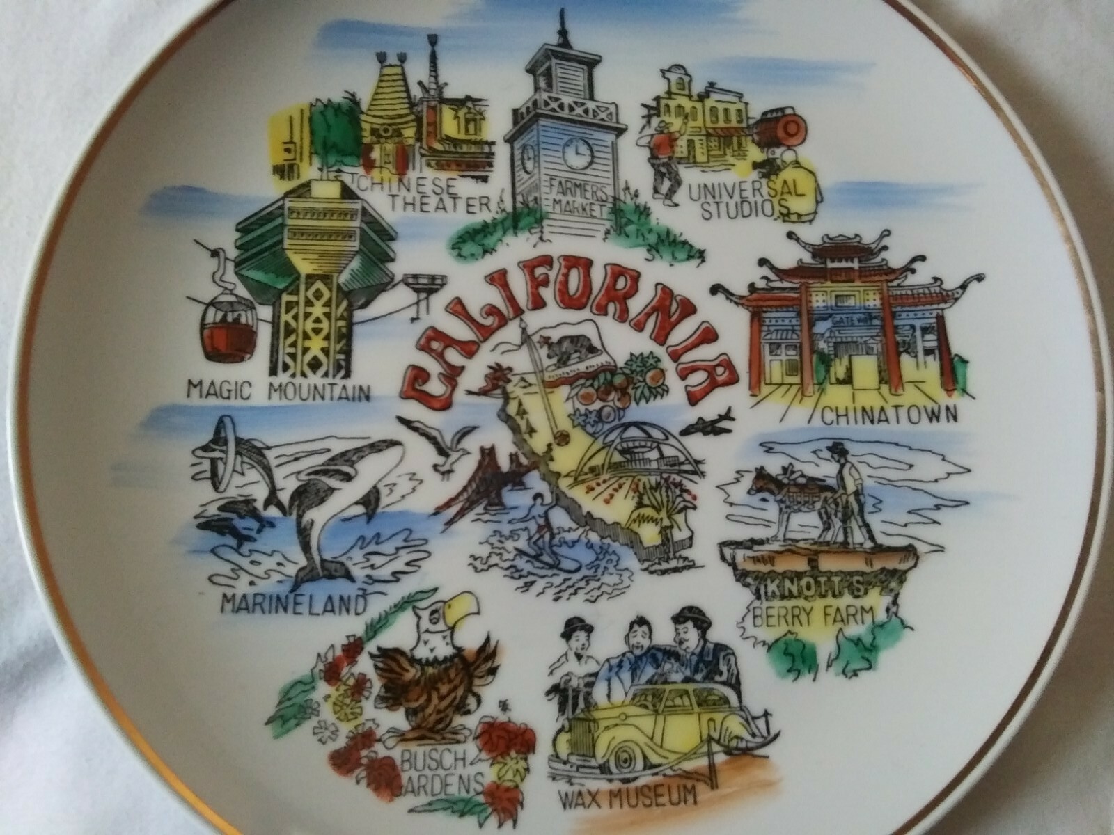 1950's (?) Vintage CALIFORNIA Souvenir Plate TOURIST SIGHTS Hand Painted JAPAN