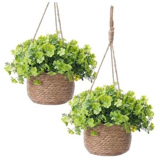 2 Set St. Patrick's Day Artificial Clover Plants with Woven Basket, Faux 