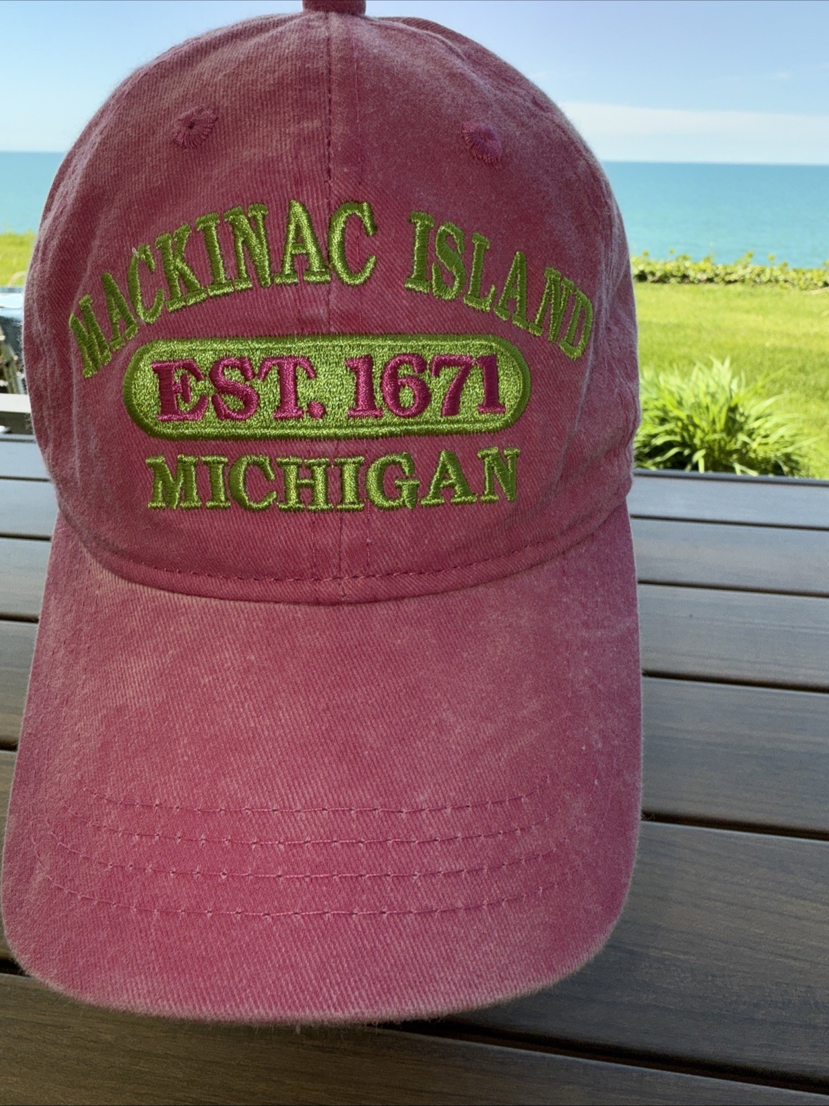 Mackinac Island est 1671 Michigan Lime Green & Pink on Pink Youth Hat Cap Cotton