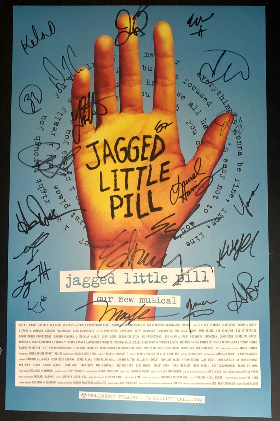 JAGGED LITTLE PILL CAST SIGNED BROADWAY MUSICAL WINDOW CARD 14"x 22"  FREE SHIP