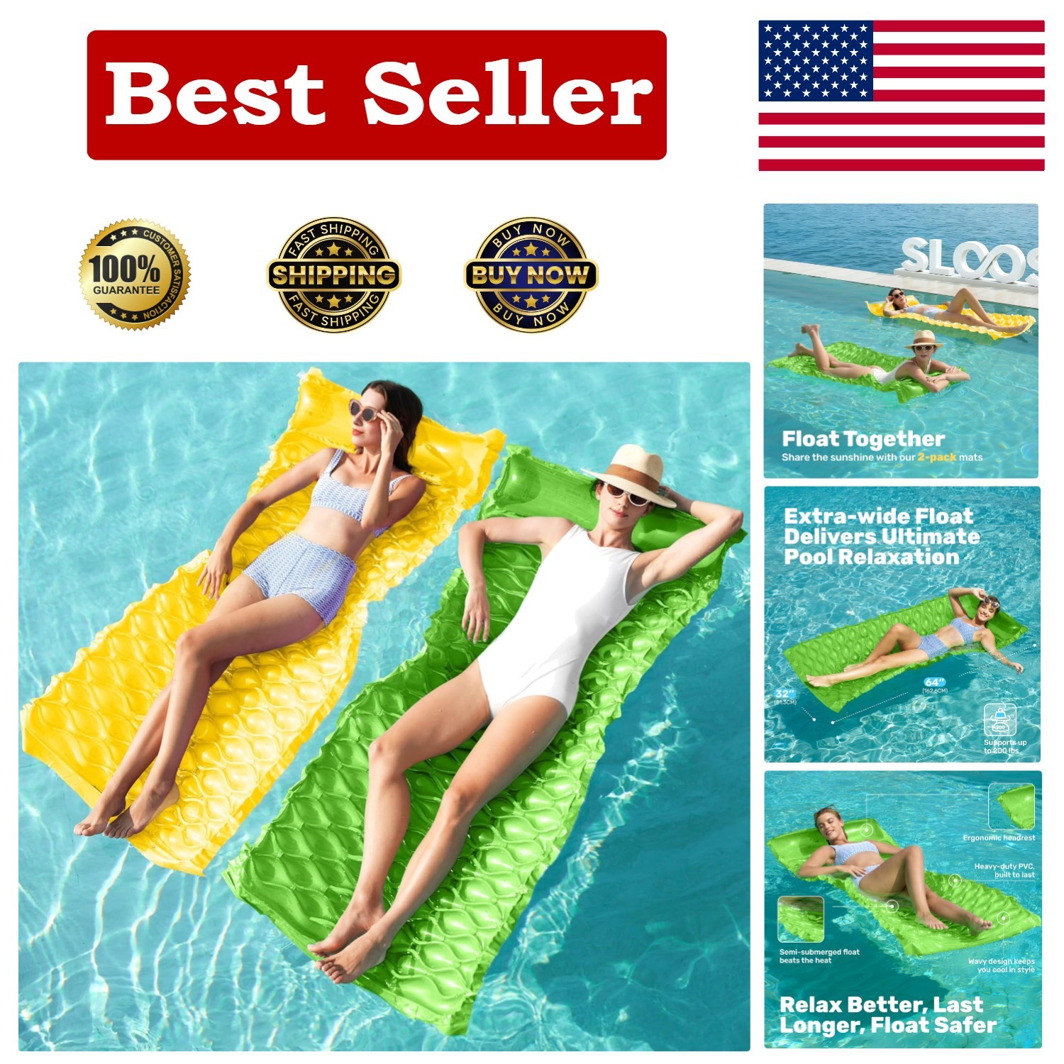 Luxury Inflatable Pool Floats Raft Set of 2 - 64x32 inch, Headrest for Maximu...