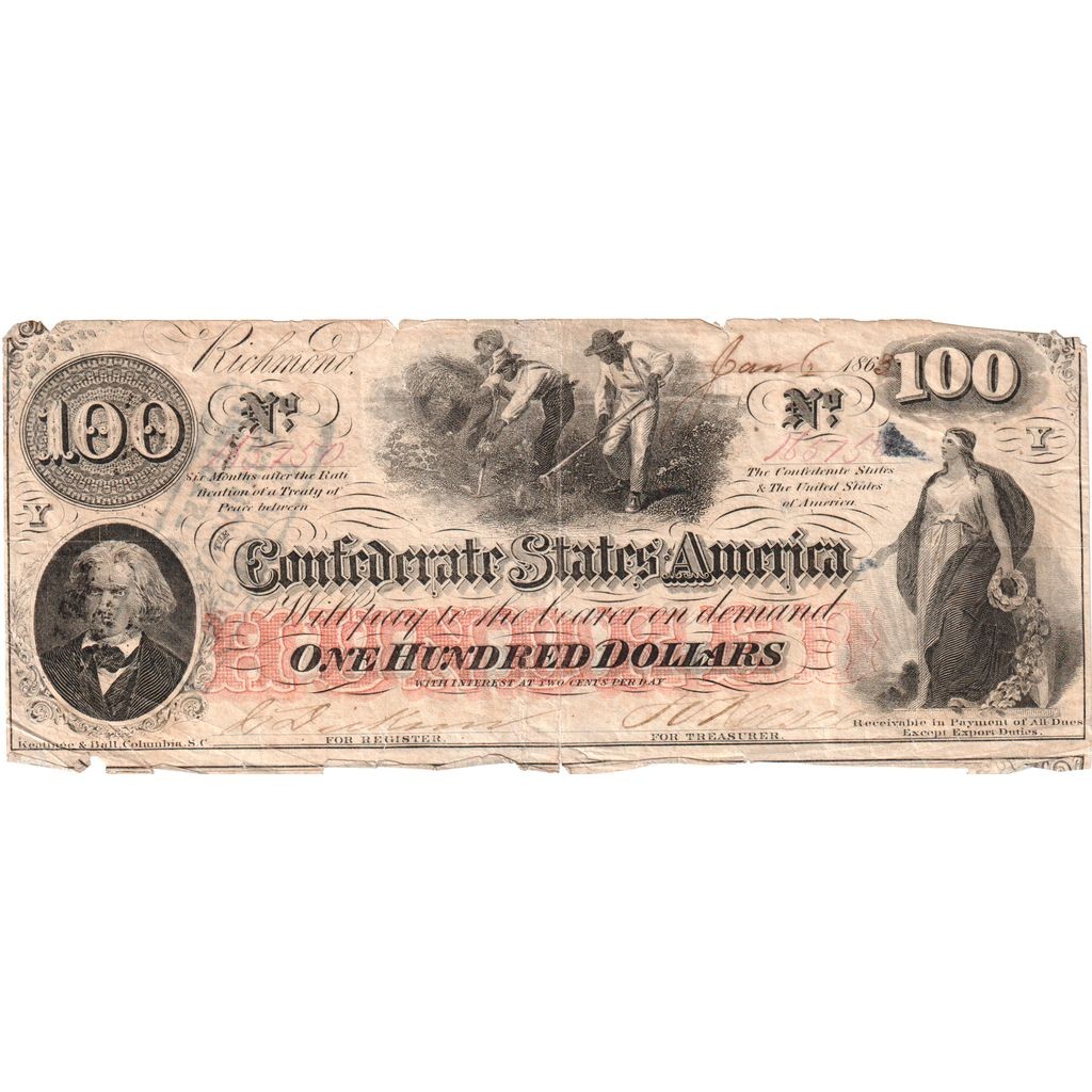 [#336899] Confederate States of America, 100 Dollars, 1863-01-06, VF(30-35)