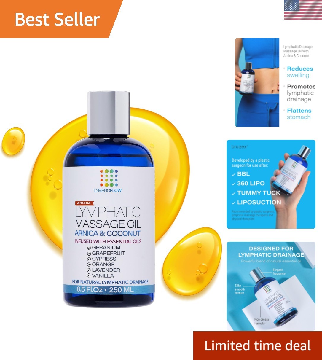 Lymphatic Drainage Massage Oil with Arnica Oil & Coconut for Post Surgery Rec...