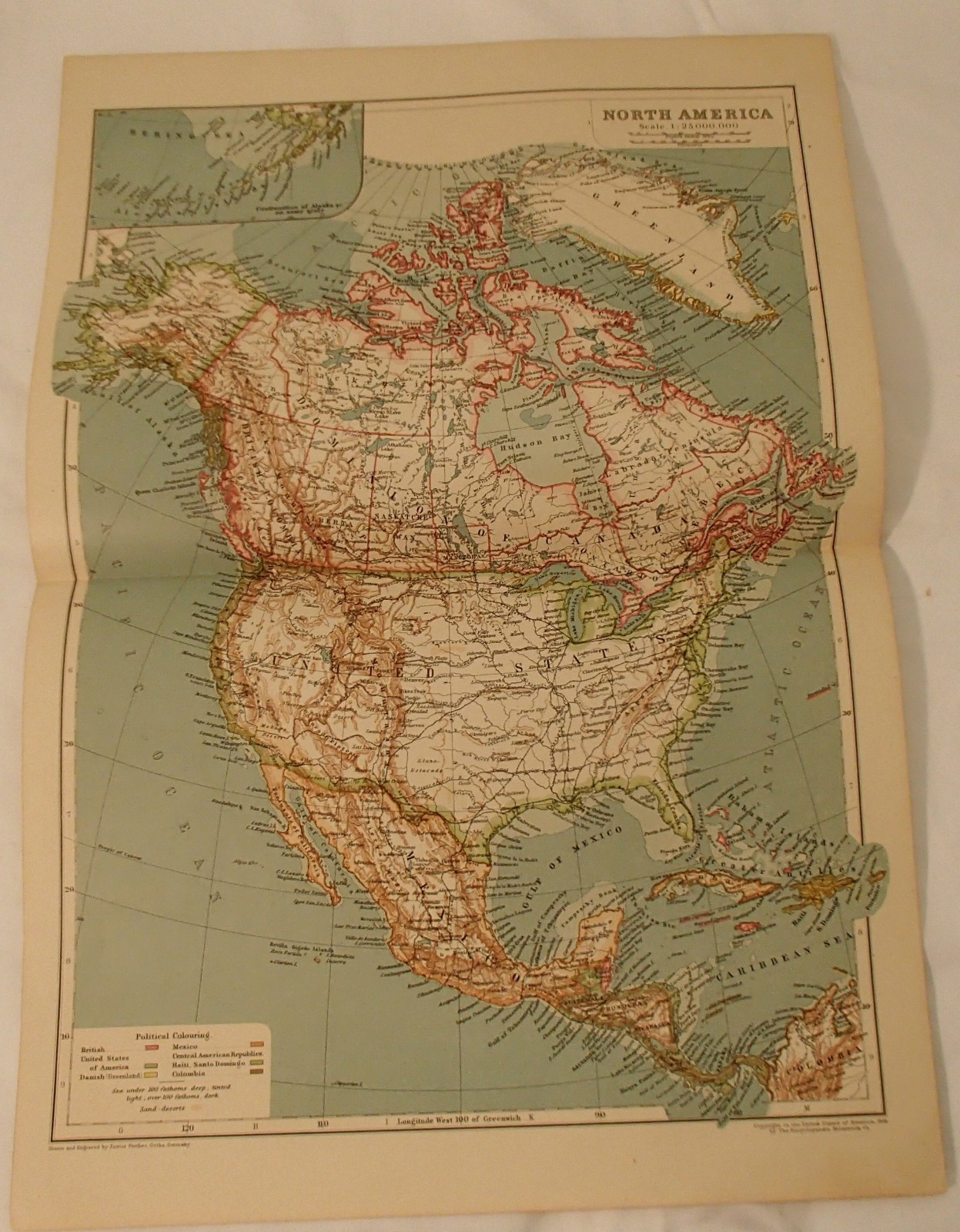 1910 Antique Original North America Continental Map Encyclopedia Britannica