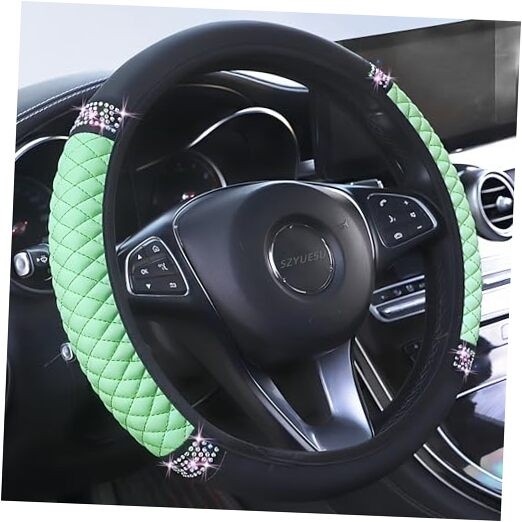 Bling Soft Leather Steering Wheel Cover 15 Inch with Sparkly Diamond Green