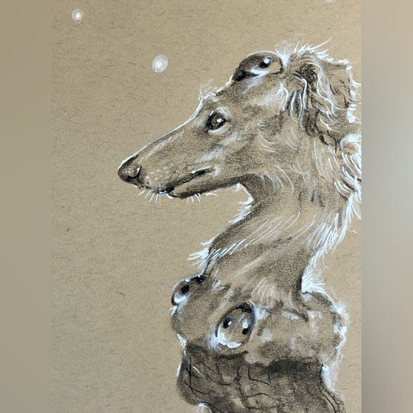 Original Painting Borzoi Dog Art Surreal Ladybug Charcoal Pastel Artettina USA