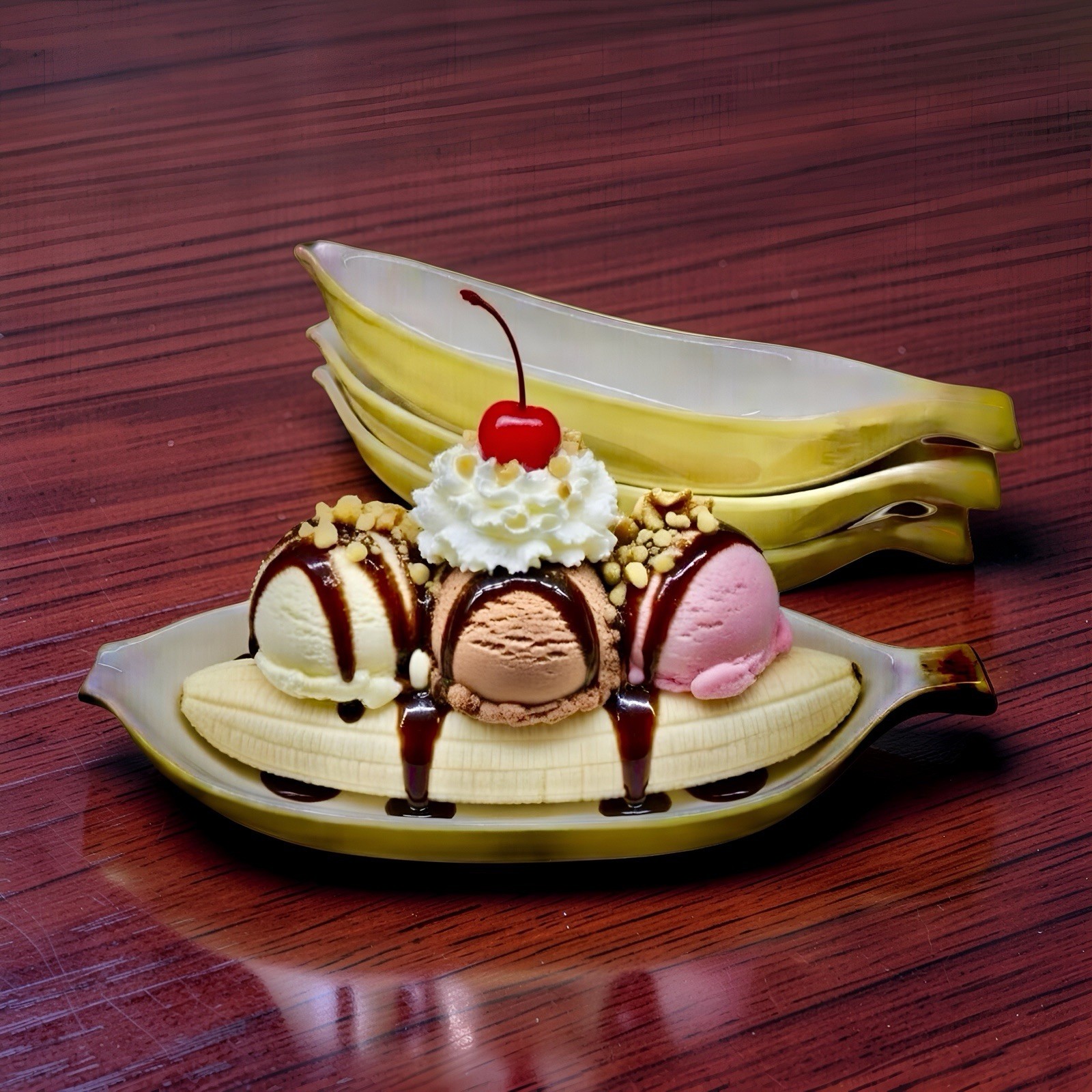 Vintage 1960's Mid Century Banana Split Ice Cream Dishes Boats Set of 4 Ceramic