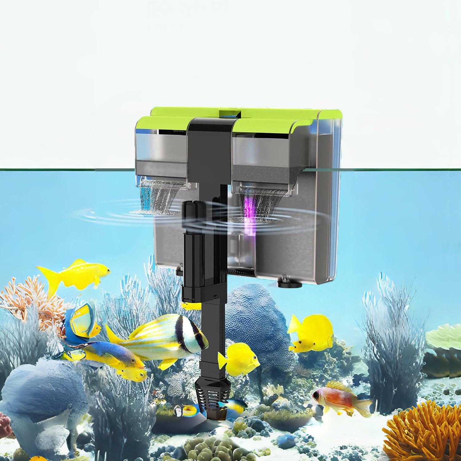 Aquarium Filter 4 In 1 Double Waterfall UV Fish Tank 8W Quiet Hang On Flow