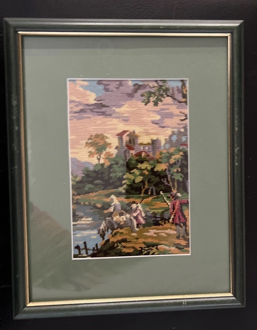 Embroidered Picture Framed Vintage Wall Art 13” X 10.5” Colourful Landscape