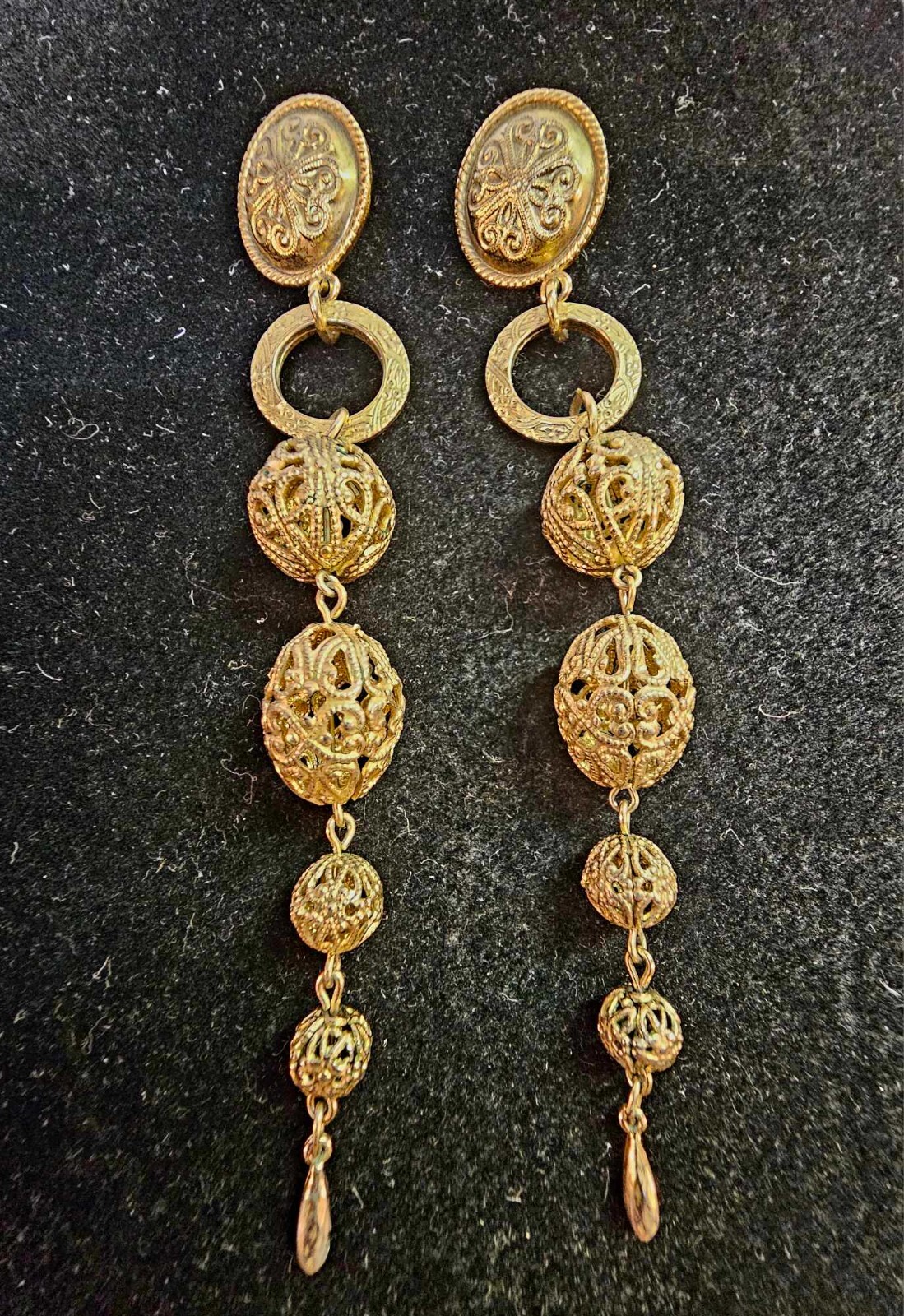 Vtg Stud Earrings w/ dangling 4 balls filigree flower long 5in"- S60