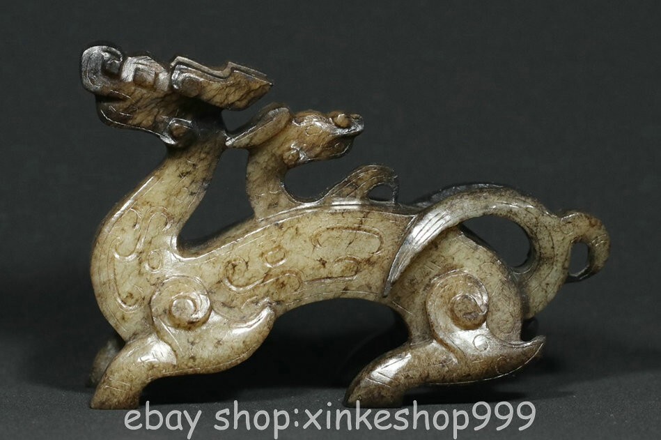 4" Chinese Natural Hetian Nephrite Jade Carving Fengshui Dragon Beast Statue