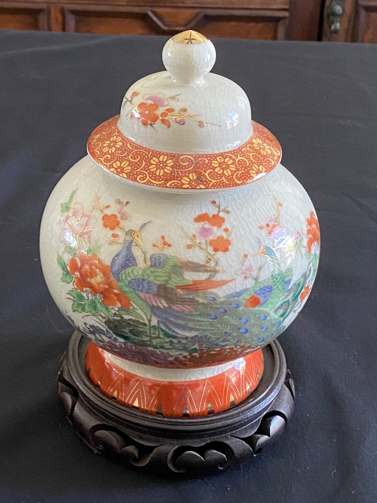 Vintage Imari Porcelain Ginger Jar Japanese Orange Black 6” W Wood Stand