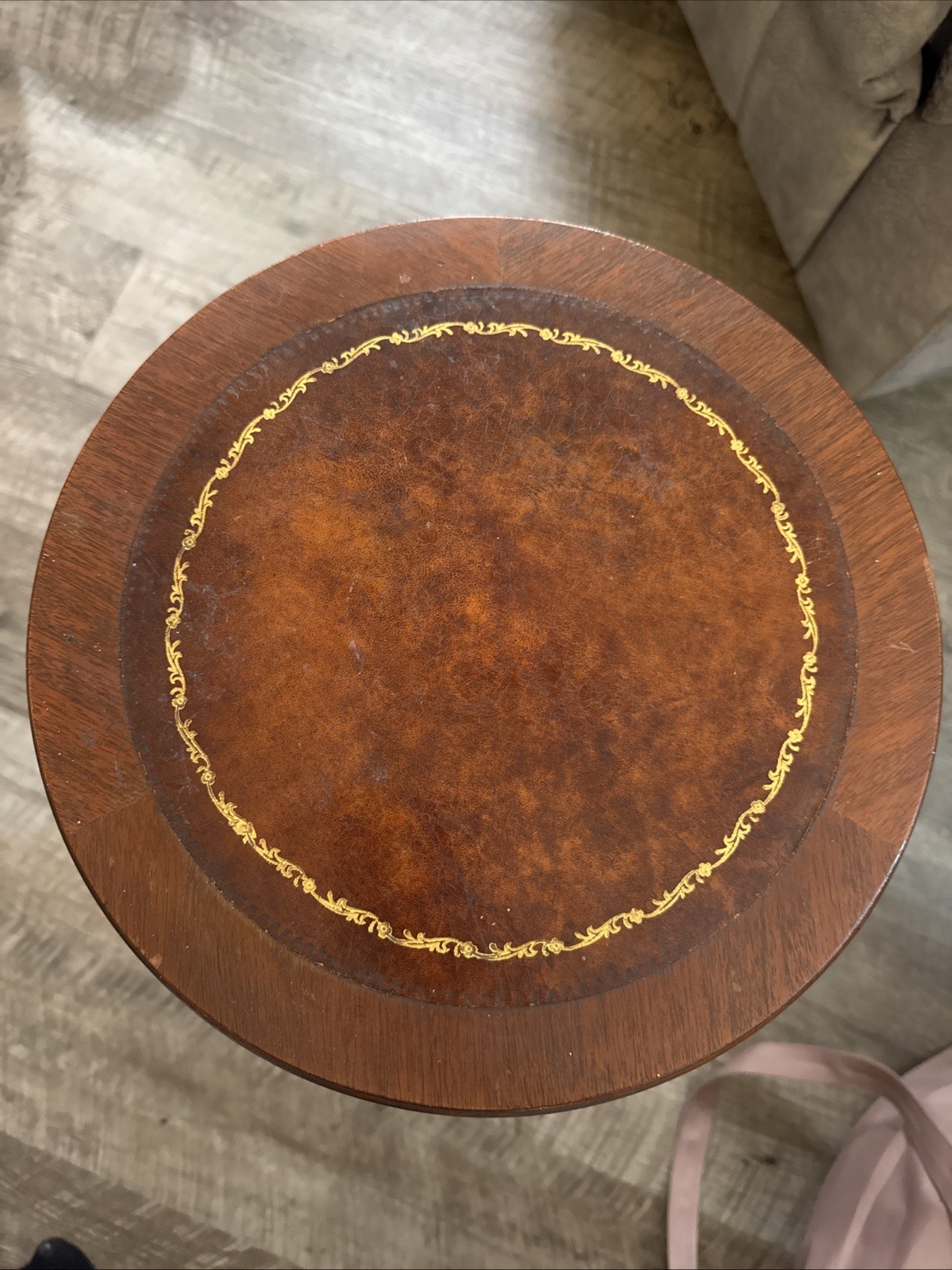 Vintage Georgian Embossed Leather Top Mahogany Round Side Table