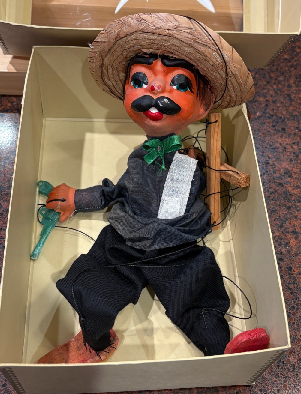VTG Marionette Puppet Mexican Bandito Pistol String Doll Sombrero Hand Control