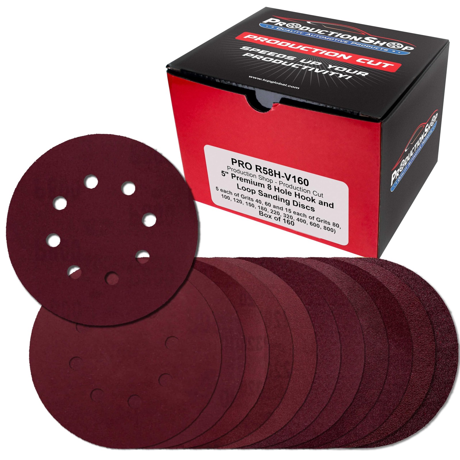 ProductionShop 5" Red 8Hole Pattern Sanding Discs, 160 Disc Variety Pack, Gri...