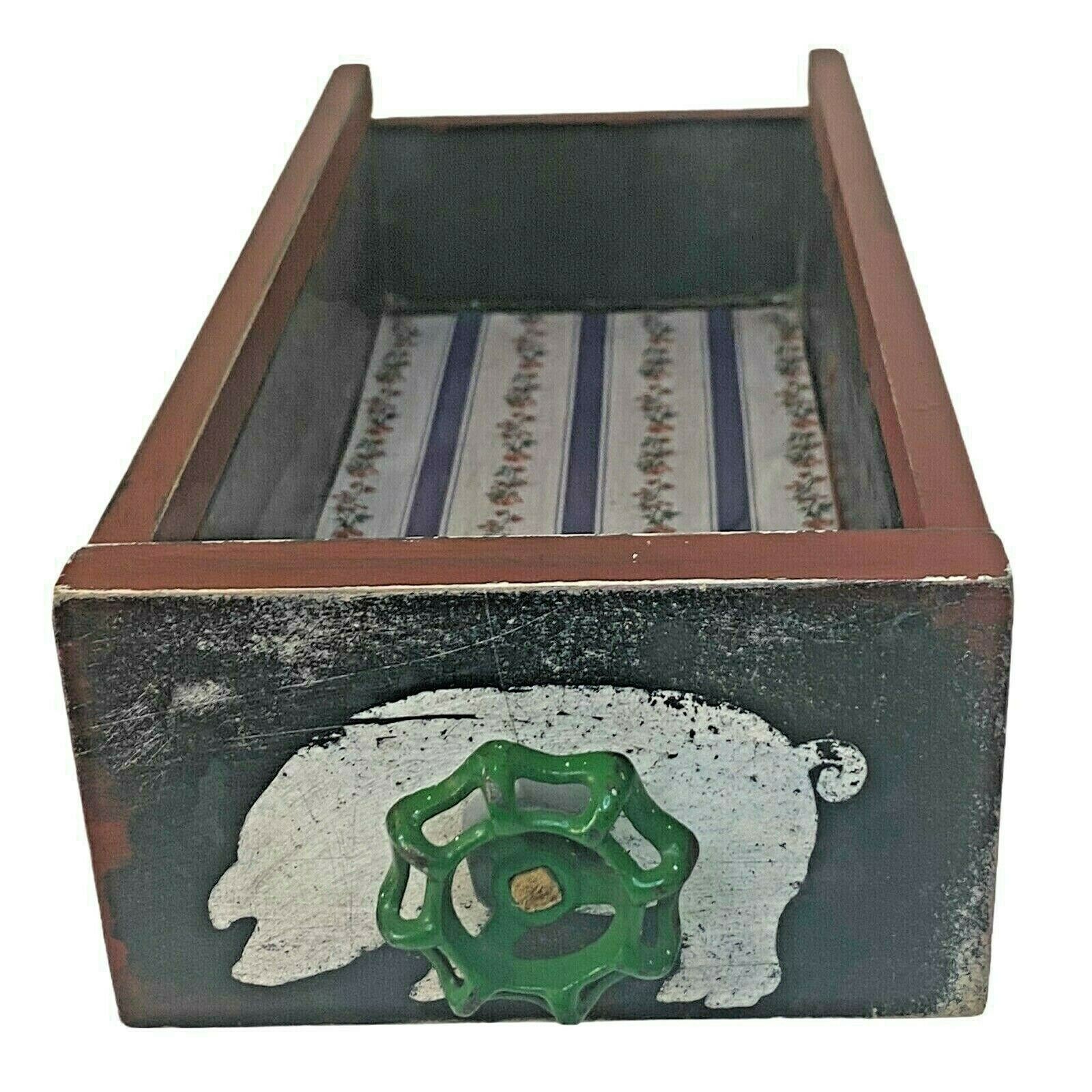 Farmhouse Wood Drawer Crate w/ Vintage Pig Feed Spigot Handle, Red/Black