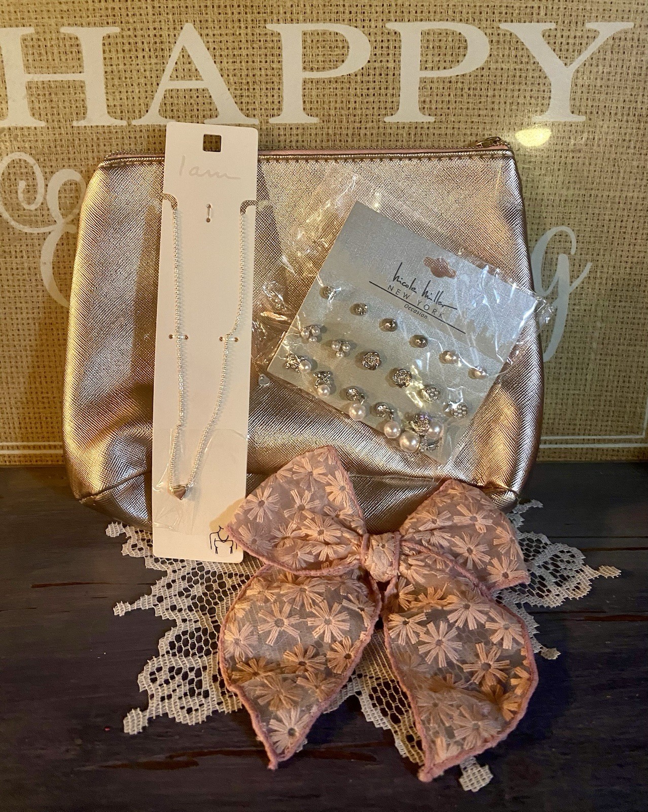 Blush Pink Women’s Accessories Gift Set – Jewelry, Hair Bow & Makeup Bag
