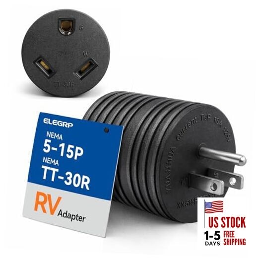  RV Adapter 30 Amp to 110 Volt, NEMA 5-15P to TT-30R TT-30R 15A Household Male 