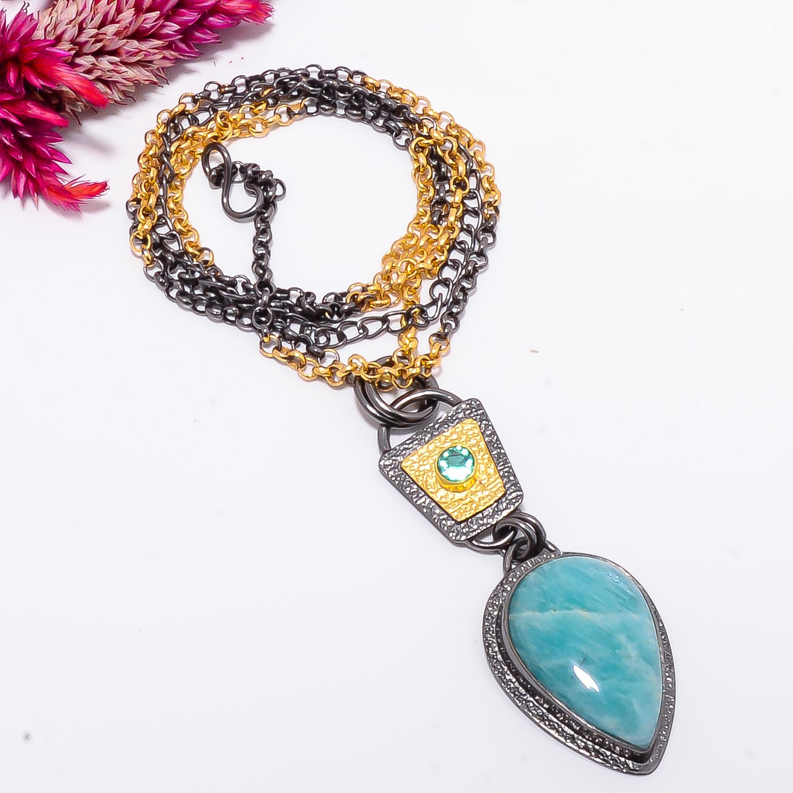 Amazonite, Apatite Gold Rhodium 925 Sterling Silver Chain Pendant 18-22" Sku53