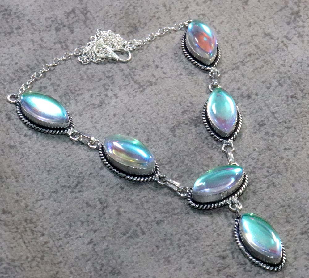 925 Silver Plated Marquise Pink Aqua Mystic Necklace 18" Most Beautiful GW