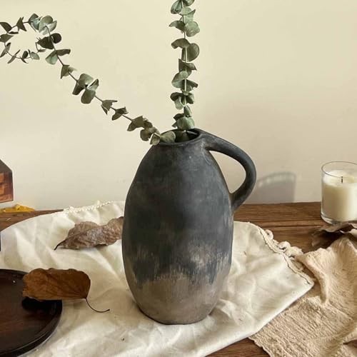 Rustic Ceramic Vase with Handle, Farmhouse Handmade Pottery Vase, Vintage Black