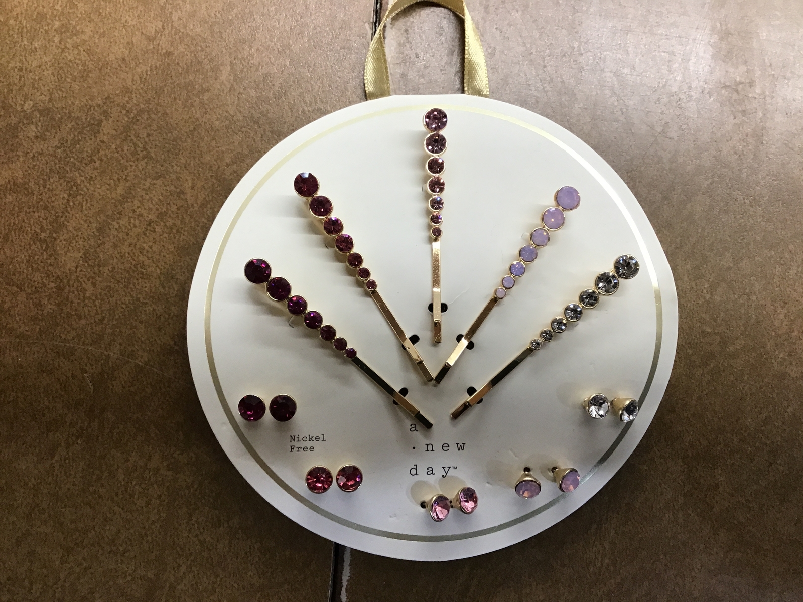 Gem Stone Bobby Pin and Matching Earrings Hair Gift Set 10pc - Assorted Pink