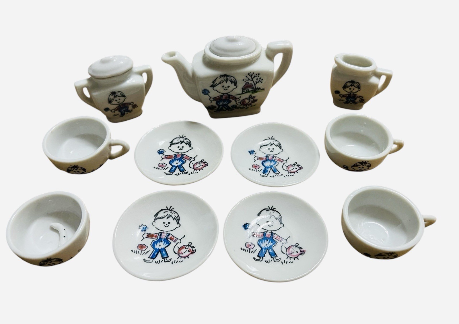 Vintage Ceramic Kids Tea Set - Boy Pig Japan Small Damage Check Photo