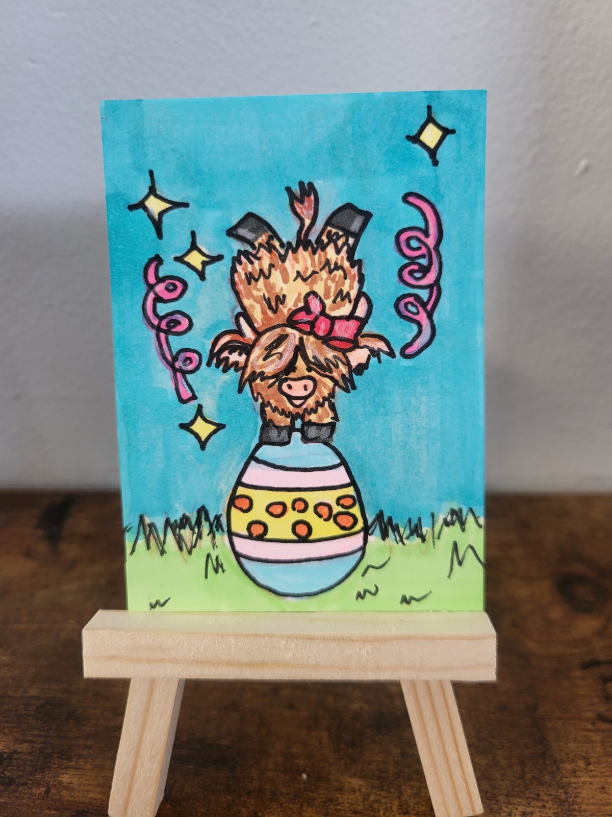 ACEO Original Ink Drawing Cow Egg Miniature Illustration Art