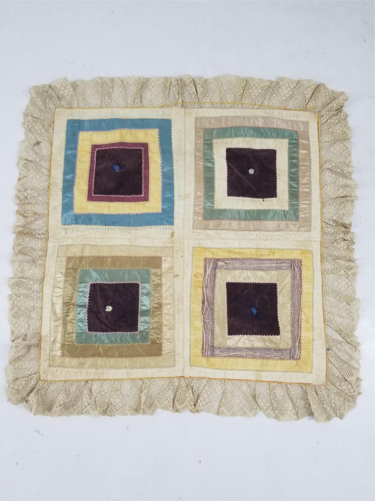 Antique French Log Cabin Pattern Textile-Crochet Lace Border 75x75cm