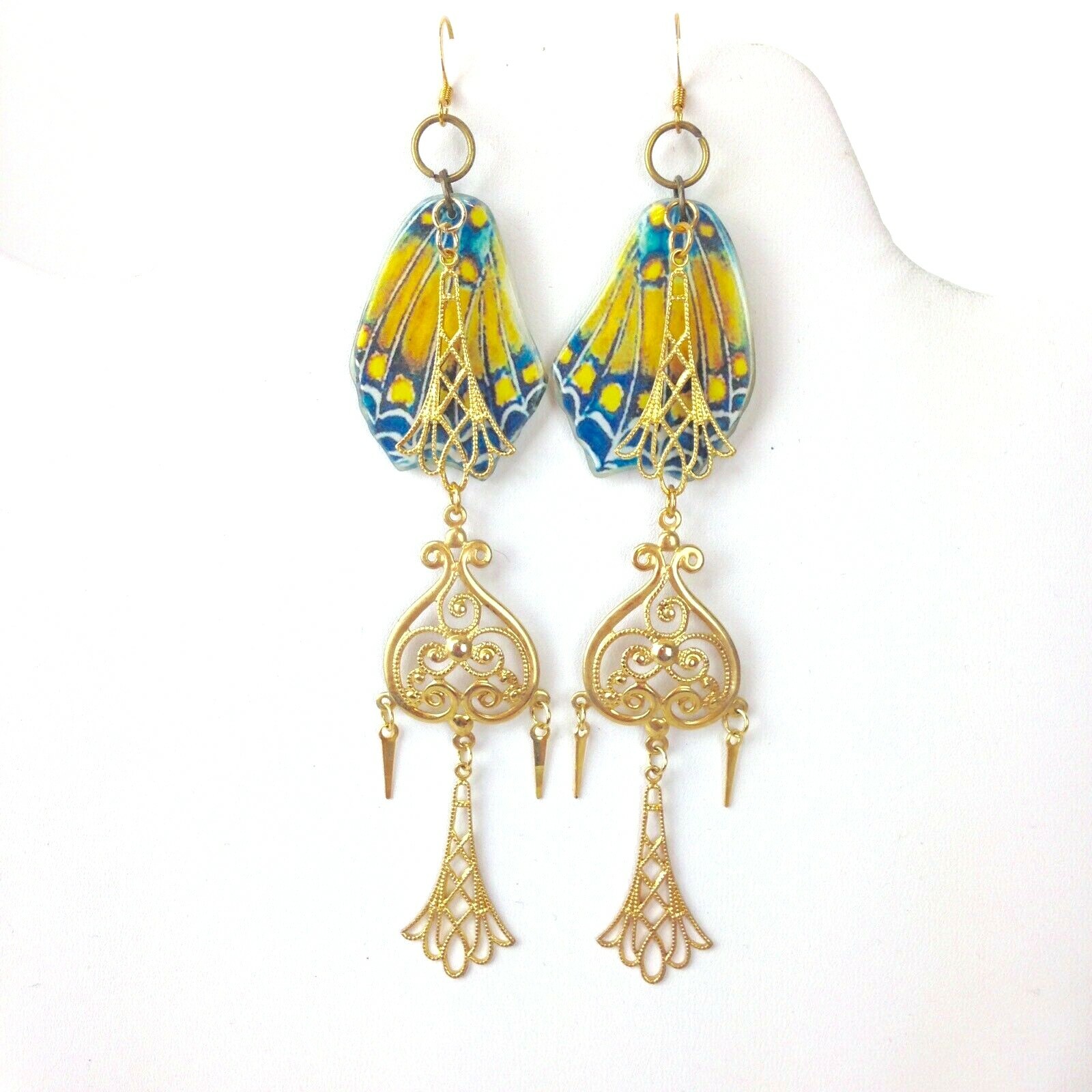 Handmade Earring Danglers Butterfly Boho long statement recycled Vtg unique 